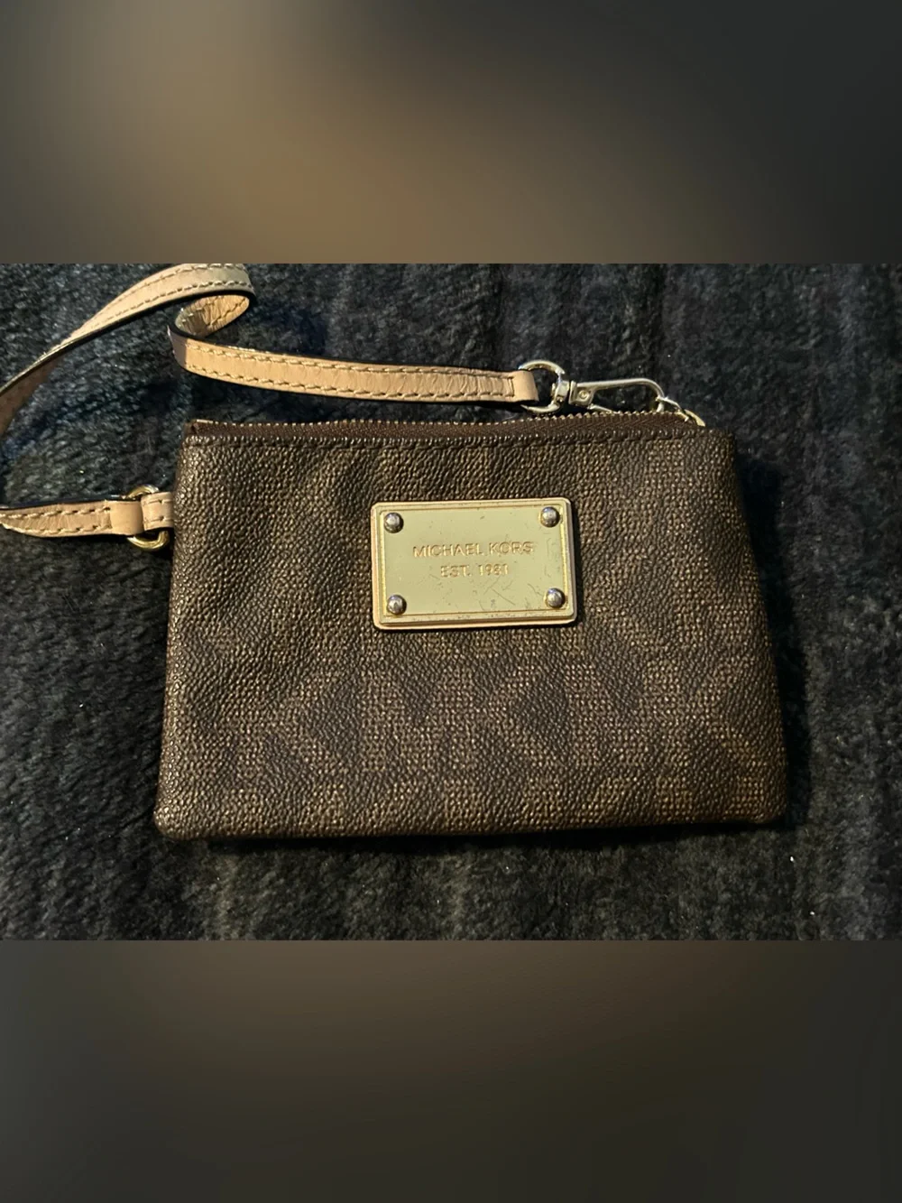 Michael Kors Brown and Tan Logo Print Wristlet with Gold Plate